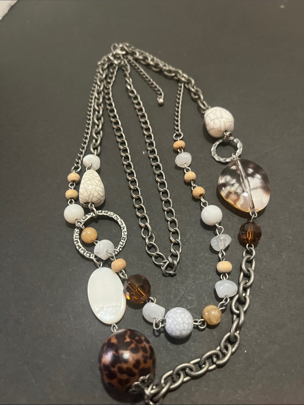 Multi-Strand Brown & White Beaded Fashion Necklace